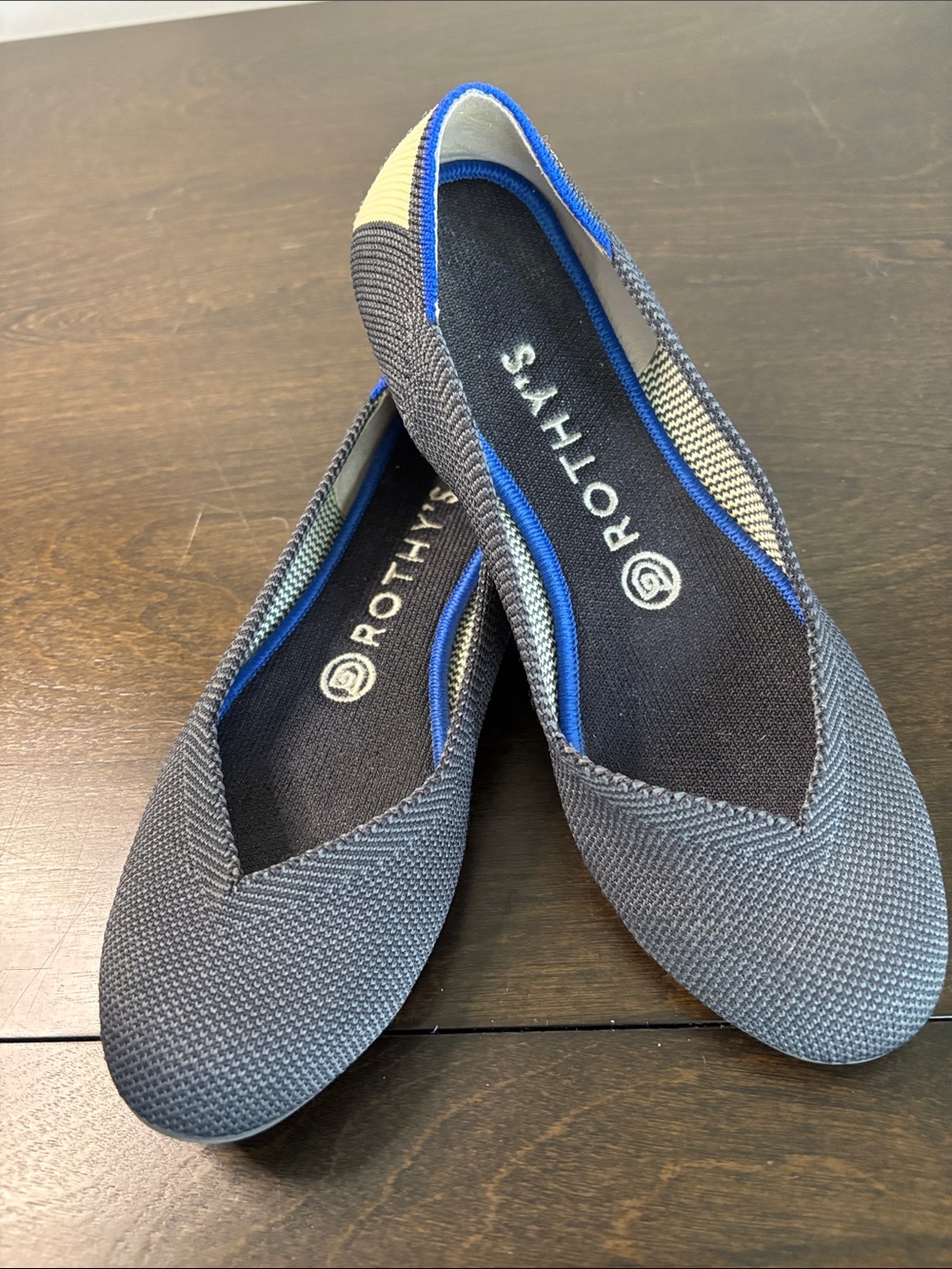 Rothy's Cloud Gray Birdseye Knit Flats with Blue Trim and Yellow Heel Accent 7